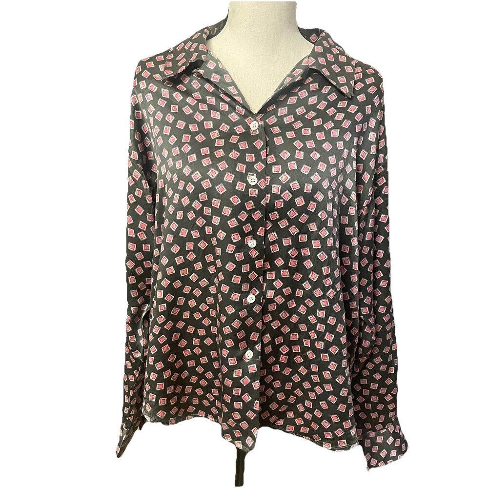 VTG 100% Silk Button Down Blouse Top Sz 12 Geometric Print Retro Olive Green
